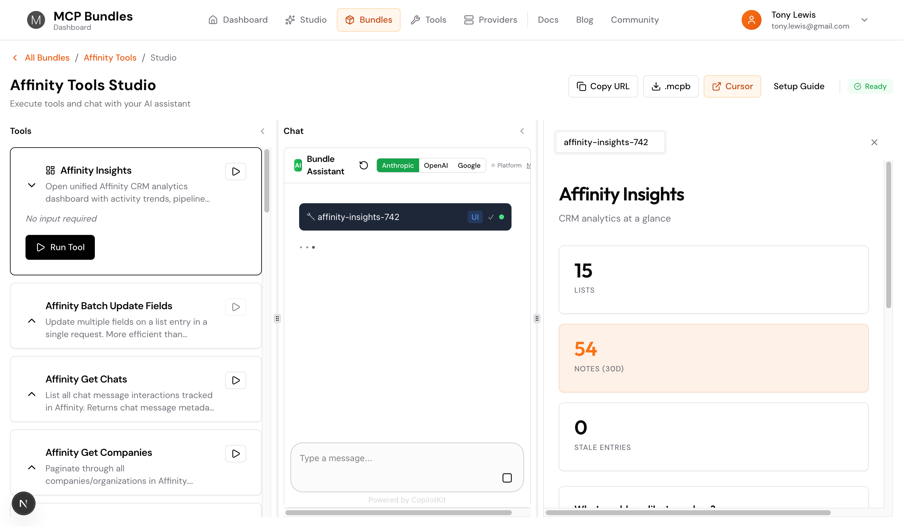 Dashboard embedded in Studio interface showing tool execution and UI tab