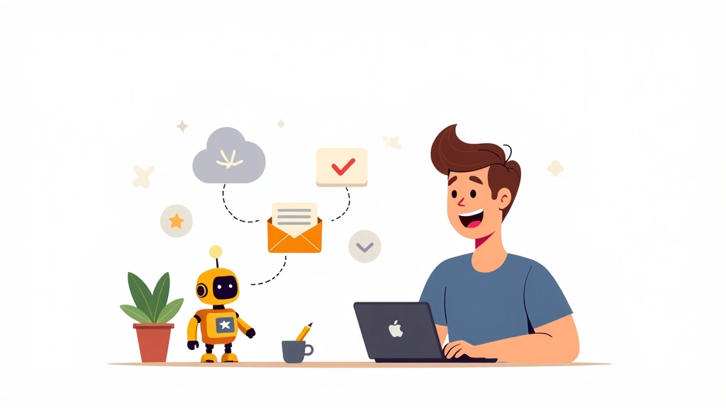 Gmail to Claude pipeline: developer at laptop with AI assistant, inbox sending notifications through cloud