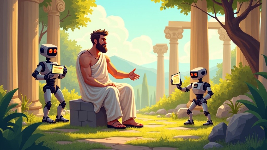 Cartoon illustration of a Greek philosopher in a garden with AI robots holding tablets