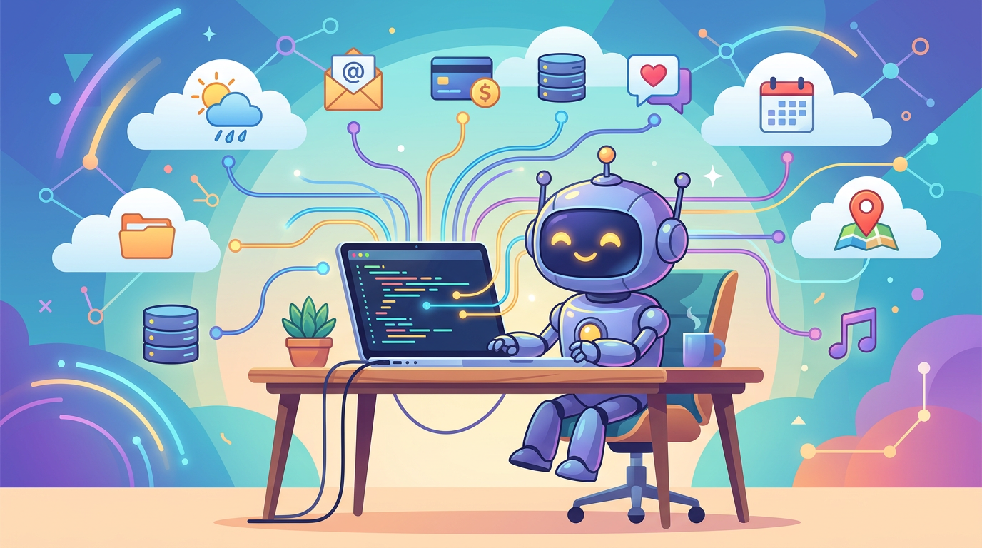 Cartoon illustration of an AI robot at a desk connecting to many cloud services