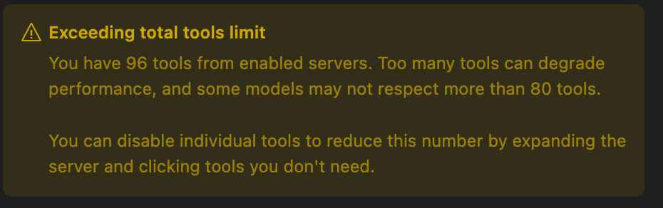 Cursor warning about too many tools